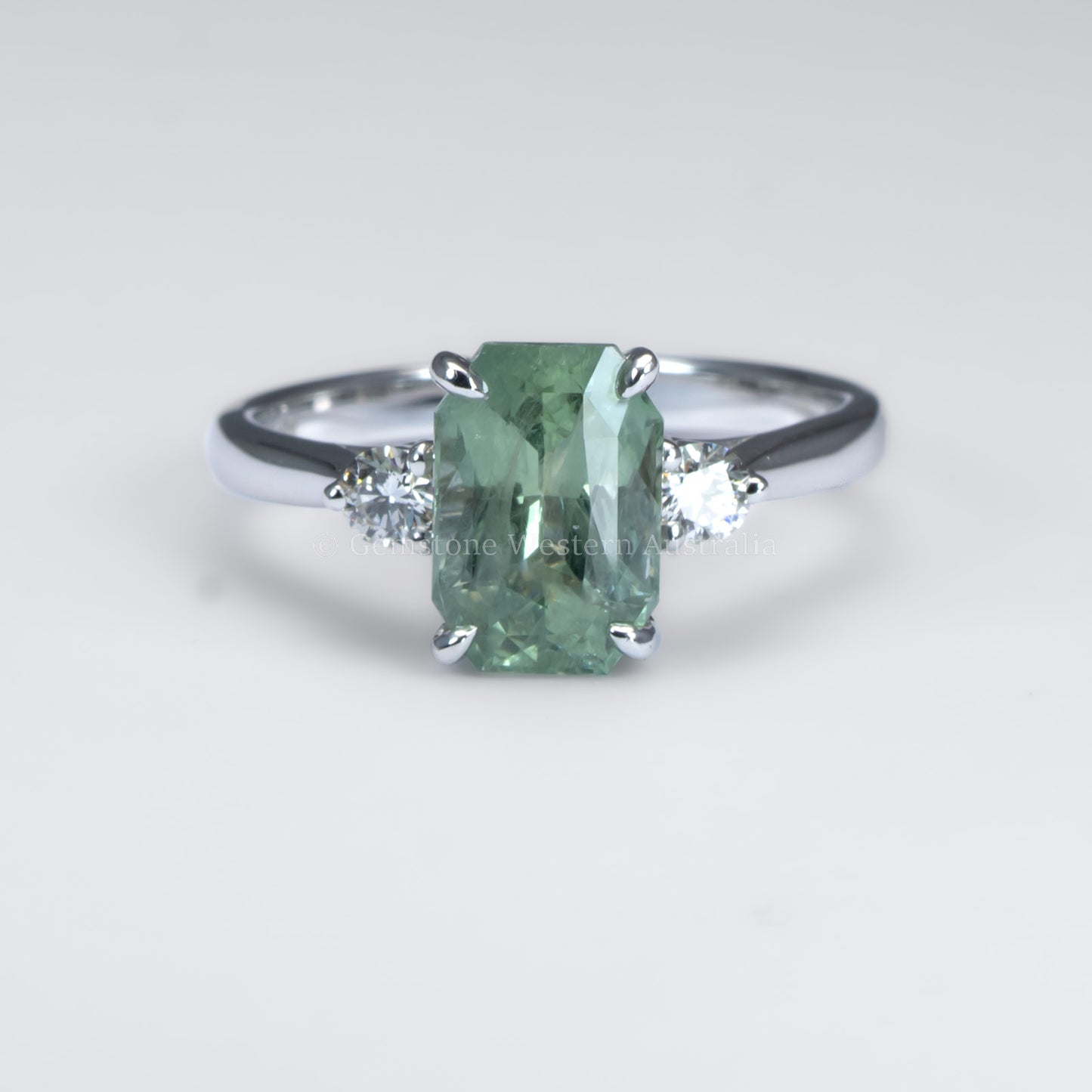 Radiant Cut Unheated Green Sapphire Ring in White Gold