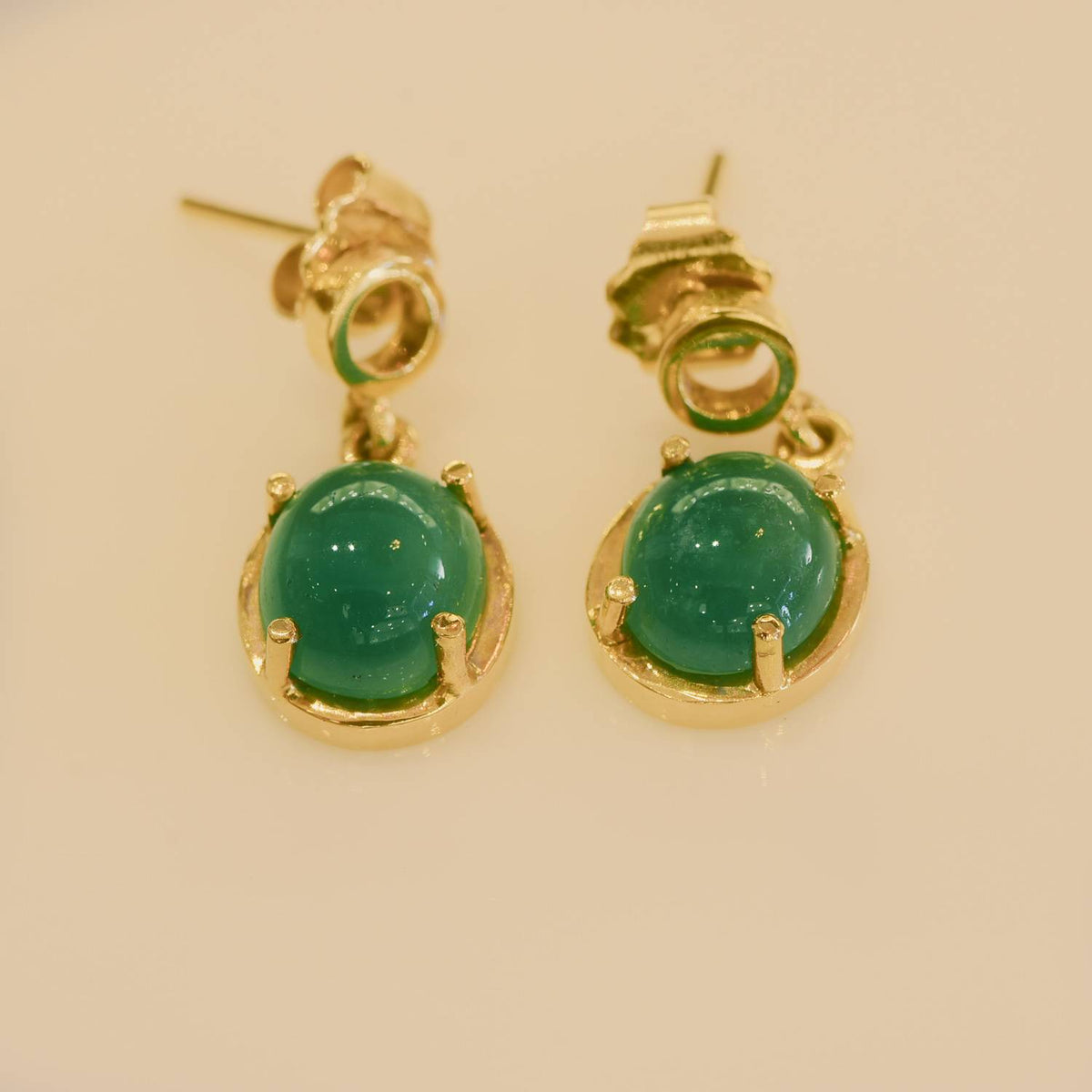 4.30ct Colombian Emerald Cabochon Dangle Earrings in 18K Gold