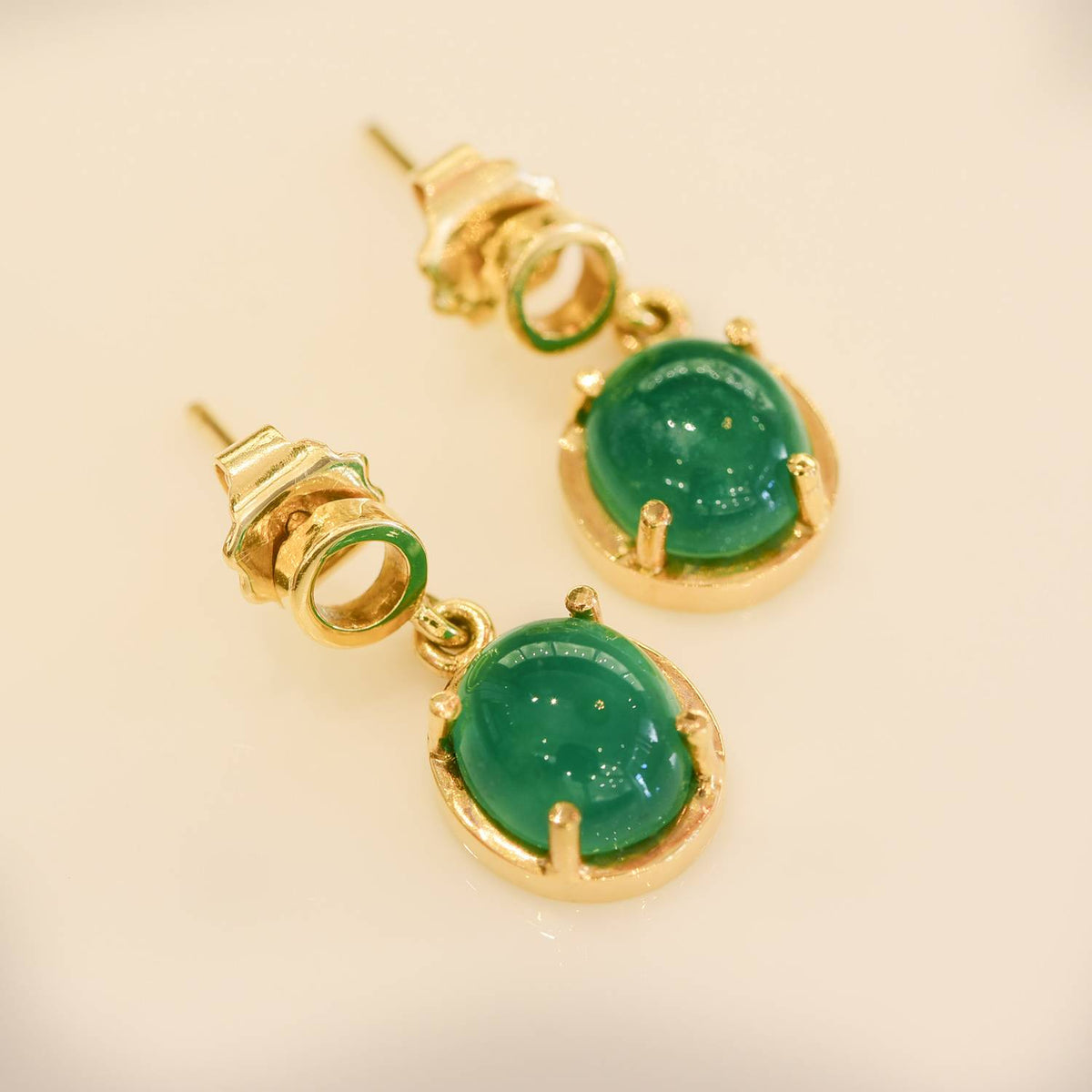 4.30ct Colombian Emerald Cabochon Dangle Earrings in 18K Gold