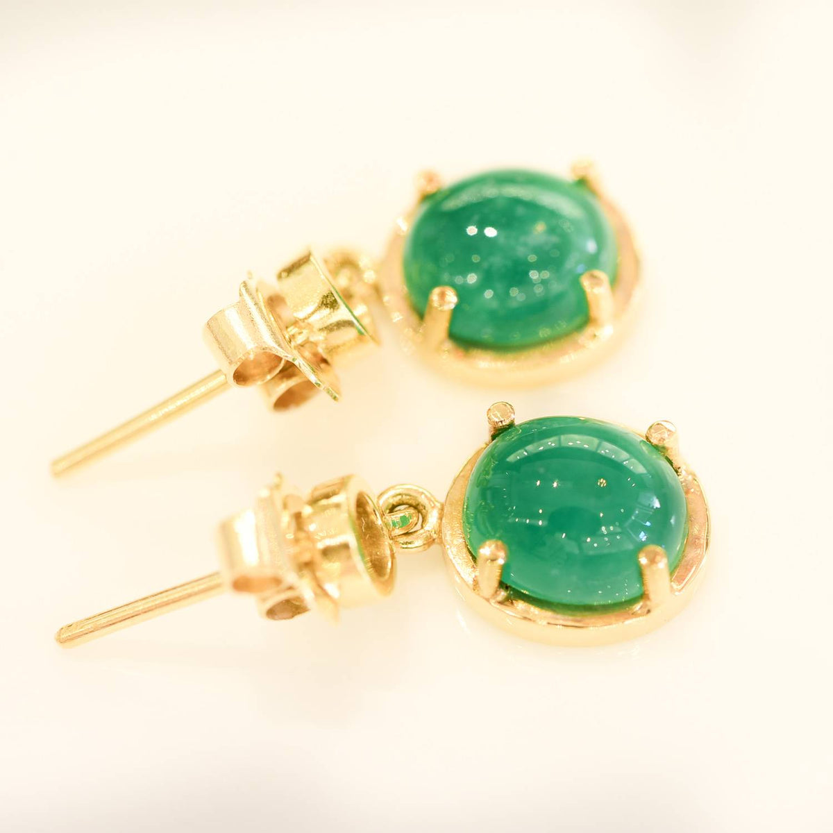 4.30ct Colombian Emerald Cabochon Dangle Earrings in 18K Gold