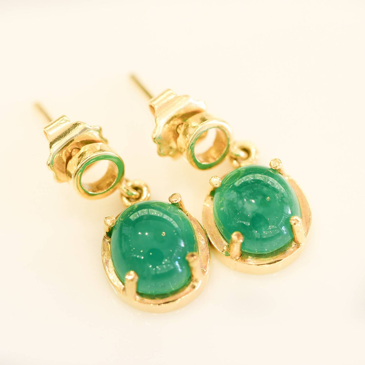 4.30ct Colombian Emerald Cabochon Dangle Earrings in 18K Gold