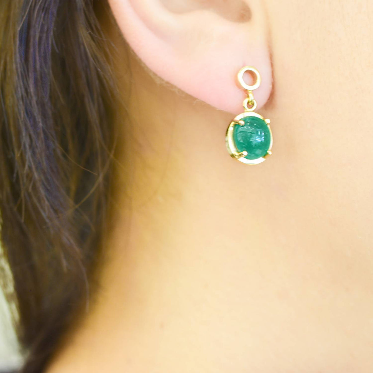 4.30ct Colombian Emerald Cabochon Dangle Earrings in 18K Gold