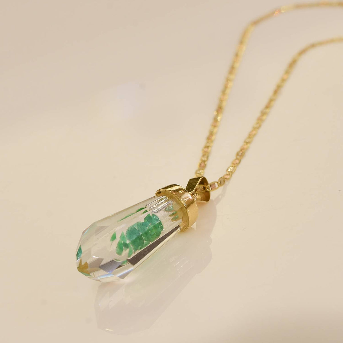 Quartz and Colombian Emerald Pendant and Chain in 18K Gold