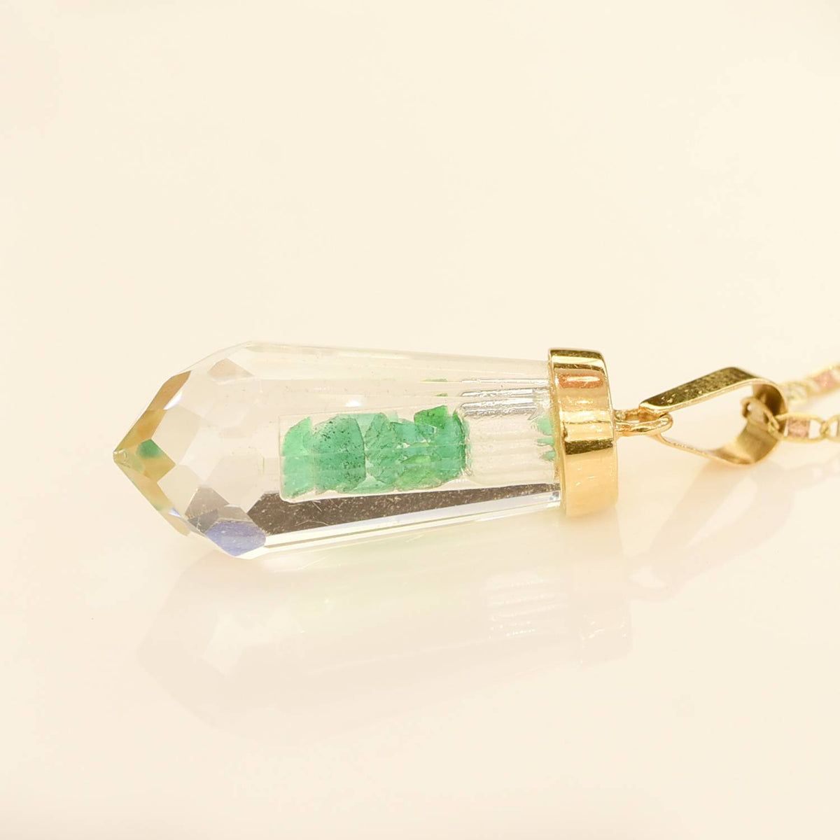 Quartz and Colombian Emerald Pendant and Chain in 18K Gold
