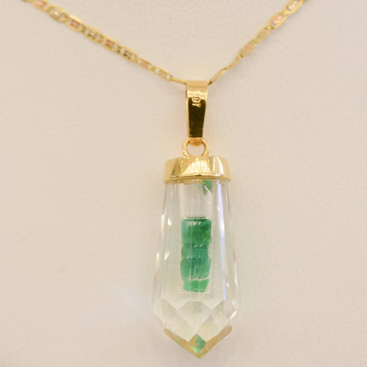 Quartz and Colombian Emerald Pendant and Chain in 18K Gold