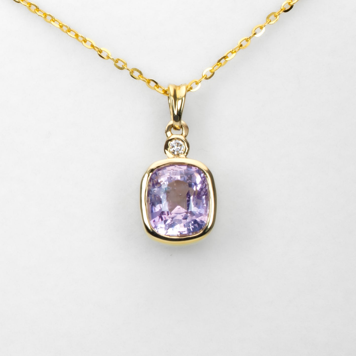 Soft Pink Sapphire Pendant in 18K Yellow Gold with Diamond - 2.58ct Cushion Cut