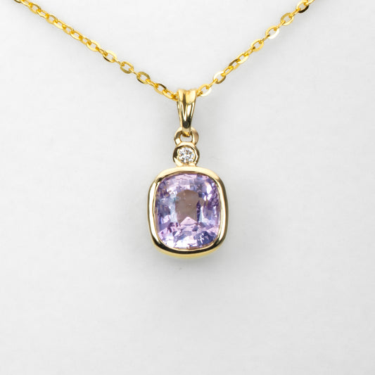 Soft Pink Sapphire Pendant in 18K Yellow Gold with Diamond - 2.58ct Cushion Cut