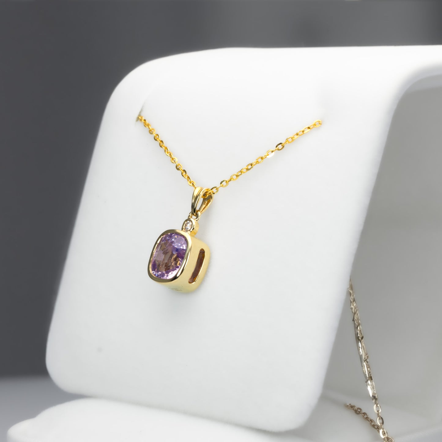 Soft Pink Sapphire Pendant in 18K Yellow Gold with Diamond - 2.58ct Cushion Cut