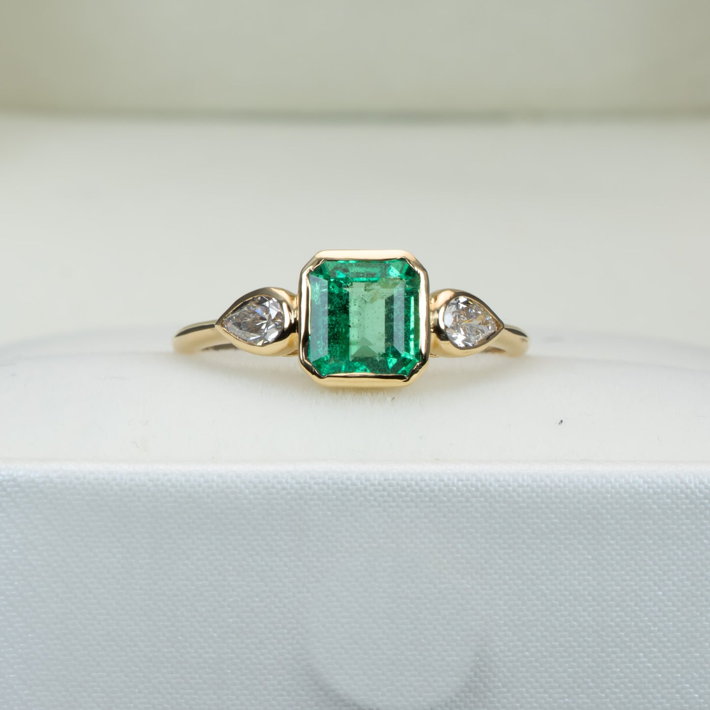 Colombian Emerald Engagement Ring in 18K Yellow Gold with Pear Shape Diamonds