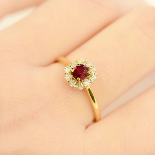Cushion Cut Ruby & Diamond Halo Ring 18K Gold
