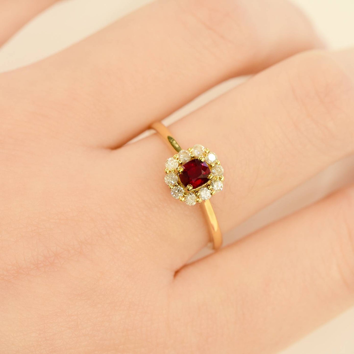 Cushion Cut Ruby & Diamond Halo Ring 18K Gold