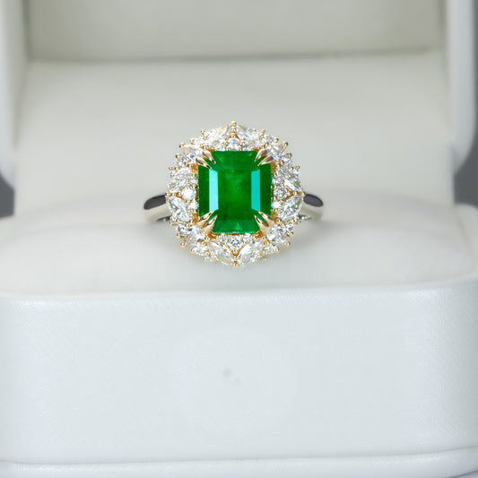 Emerald Statement Ring with Diamond Halo in 18K Gold and Platinum
