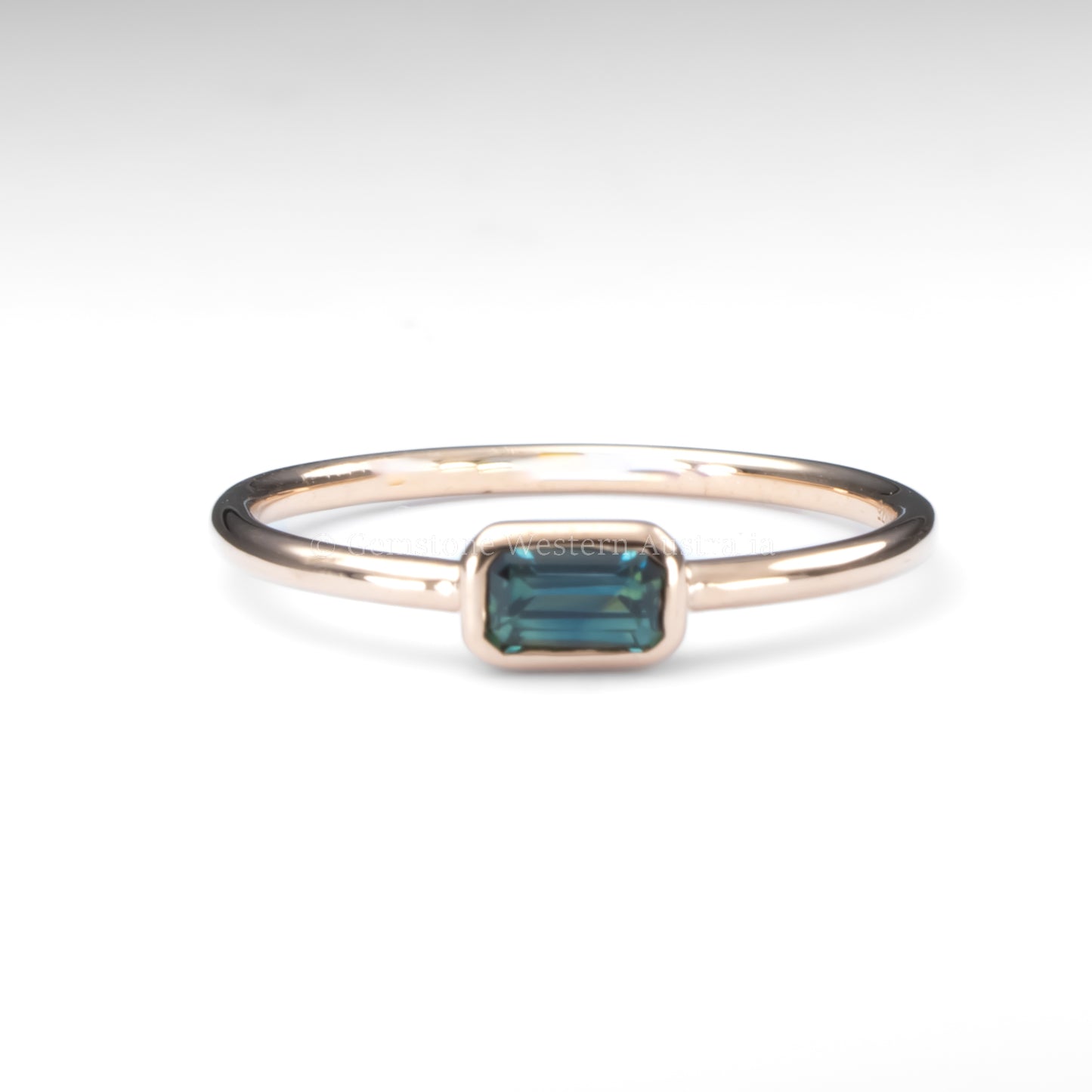 Dainty Solitaire Australian Teal Sapphire Ring – 9K Yellow or Rose Gold, Emerald Cut