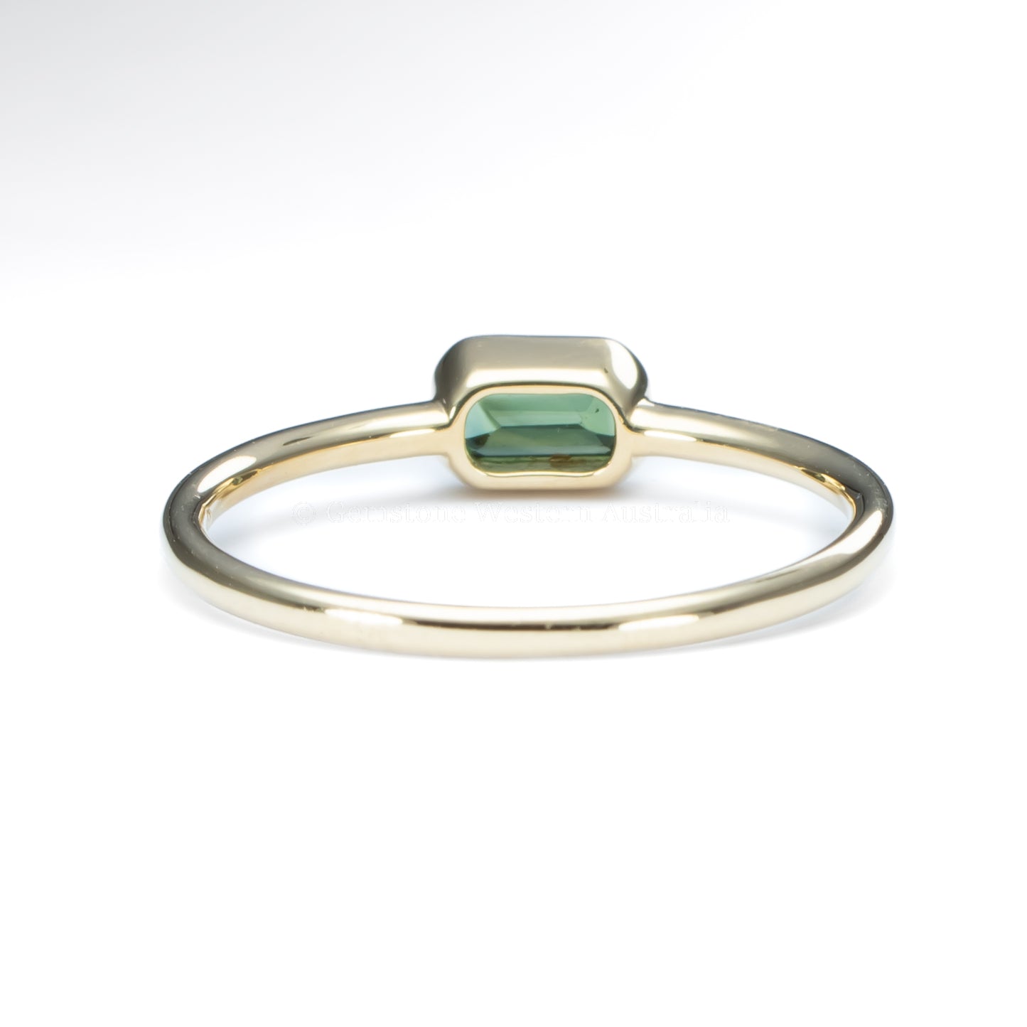 Dainty Solitaire Australian Teal Sapphire Ring – 9K Yellow or Rose Gold, Emerald Cut