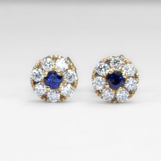 Natural Blue Sapphire and Moissanite Halo Stud Earrings in 9K Gold