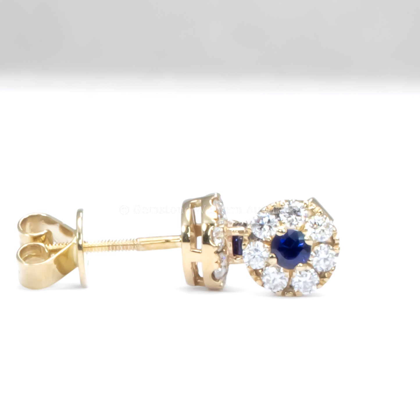 Natural Blue Sapphire and Moissanite Halo Stud Earrings in 9K Gold