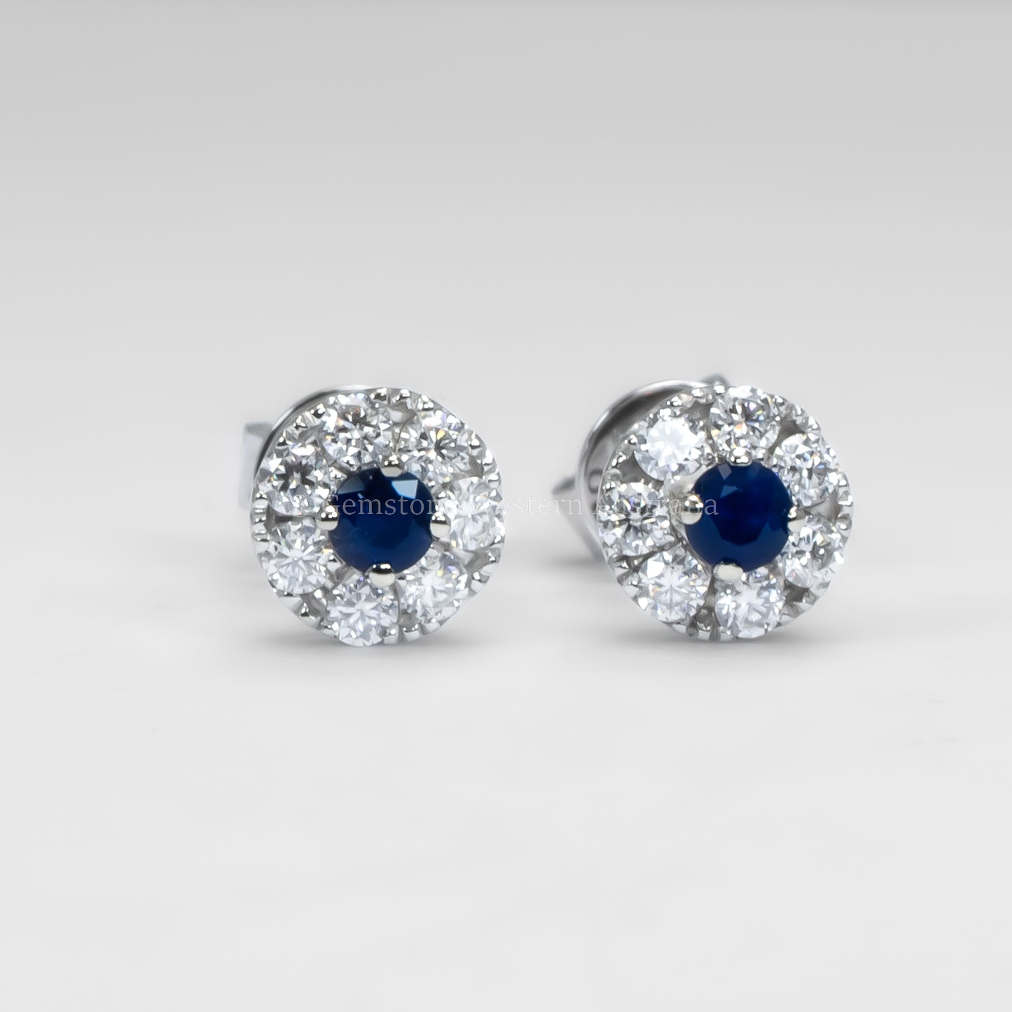 Natural Blue Sapphire and Moissanite Halo Stud Earrings in 9K Gold