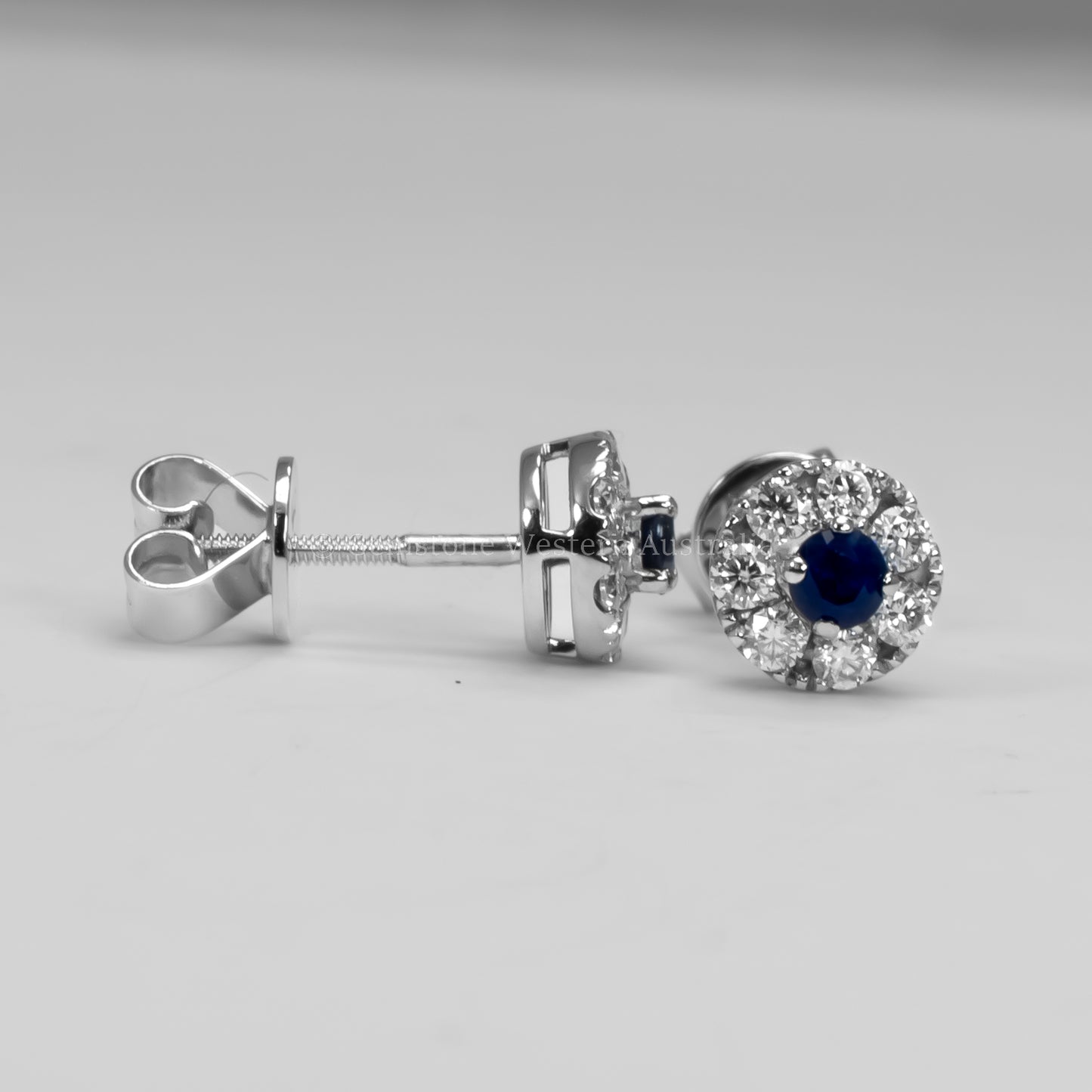 Natural Blue Sapphire and Moissanite Halo Stud Earrings in 9K Gold