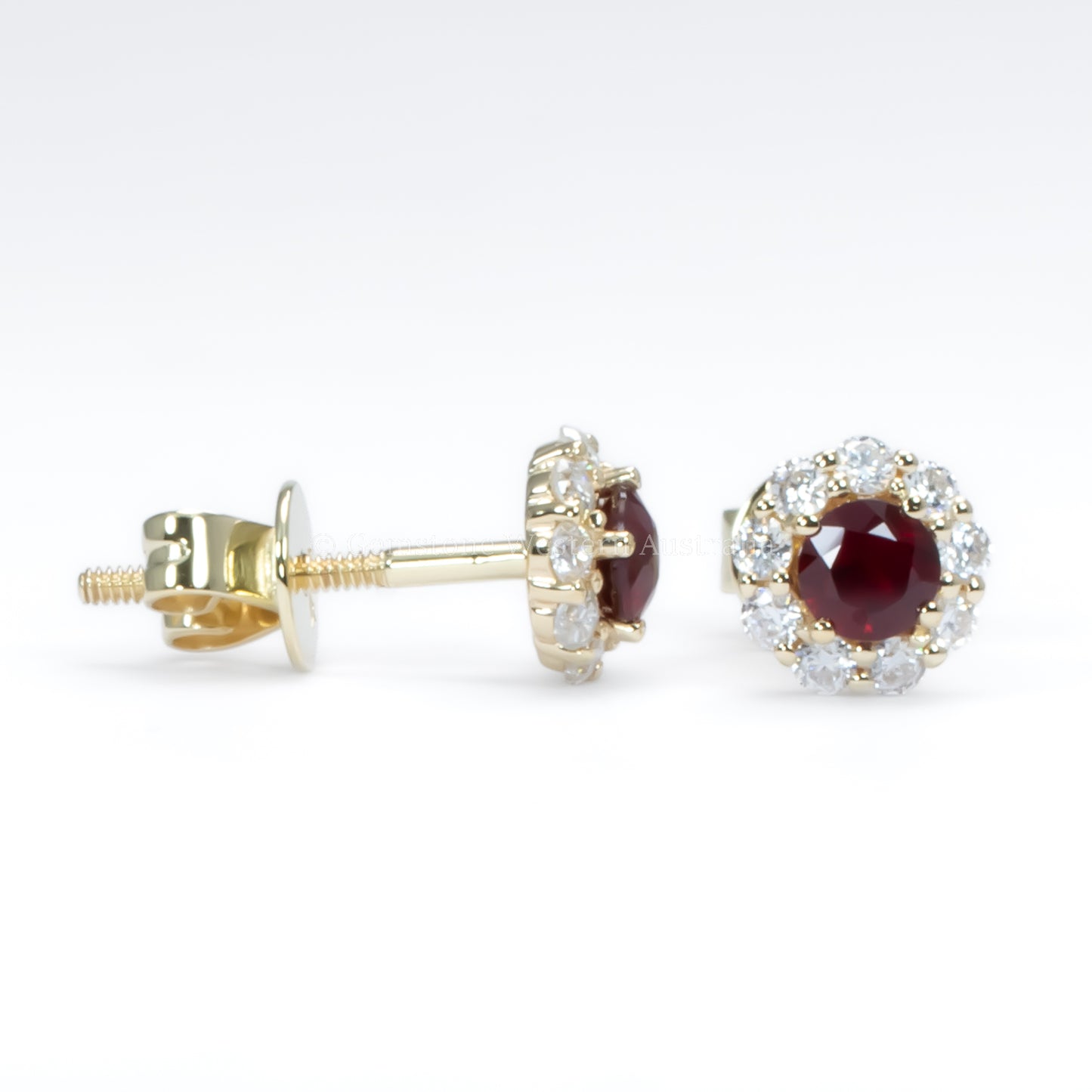 contrast of side and front view of ruby studs in white background