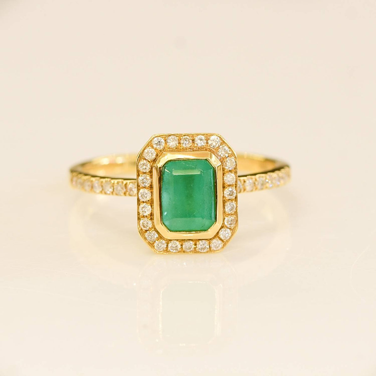 Natural Colombian Emerald and Diamond Halo Ring 18K Gold