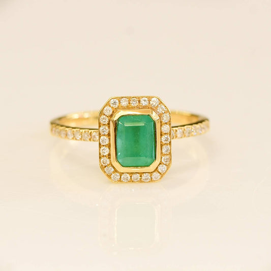 Natural Colombian Emerald and Diamond Halo Ring 18K Gold