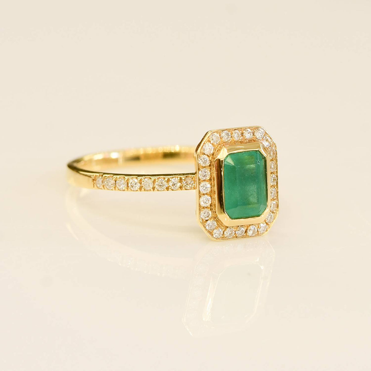 Natural Colombian Emerald and Diamond Halo Ring 18K Gold