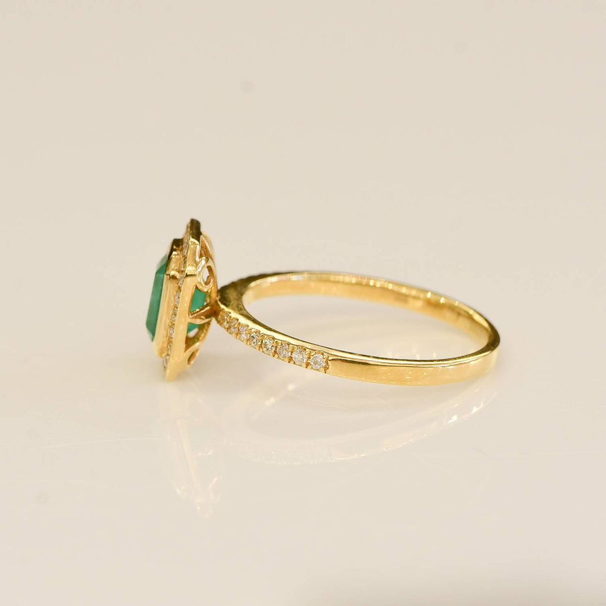Natural Colombian Emerald and Diamond Halo Ring 18K Gold