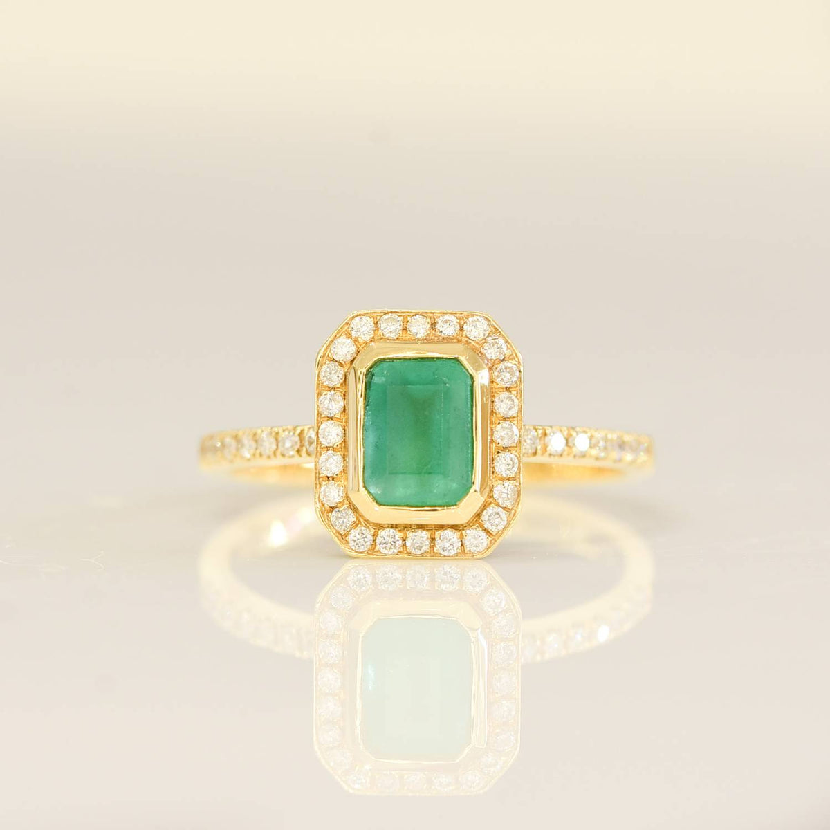 Natural Colombian Emerald and Diamond Halo Ring 18K Gold