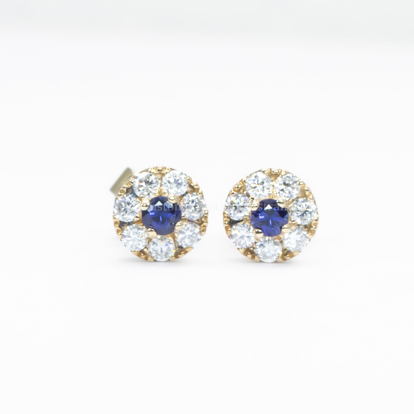 Natural Blue Sapphire and Moissanite Halo Stud Earrings in 9K Gold