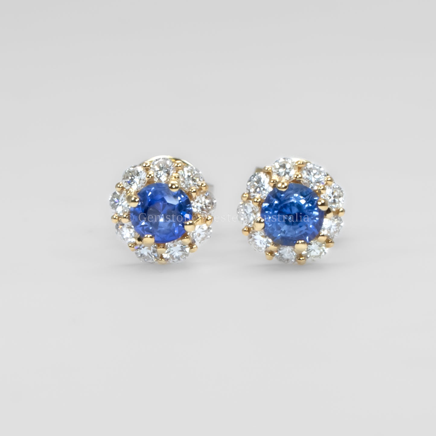 Natural Blue Sapphire Earrings | Diamond Halo Stud Earrings in 18K Yellow Gold