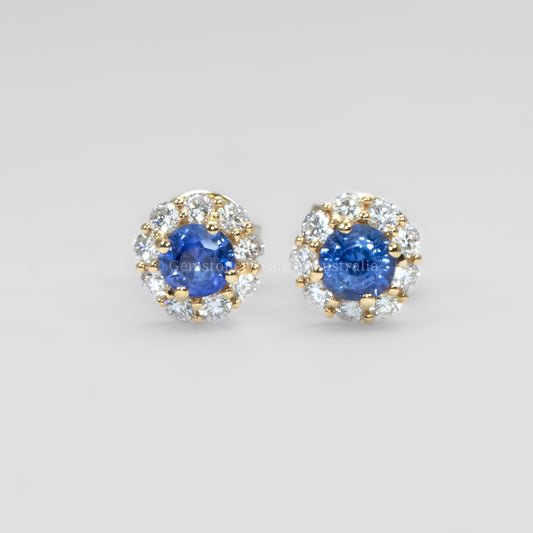 Natural Blue Sapphire Earrings | Diamond Halo Stud Earrings in 18K Yellow Gold