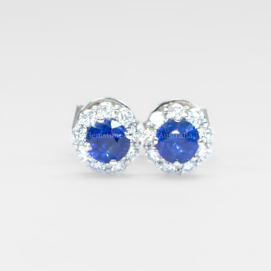 Natural Blue Sapphire Earrings | Diamond Halo Stud Earrings