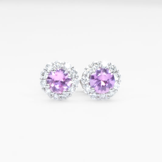Natural Pink Sapphire Earrings  |  Diamond Halo Stud Earrings