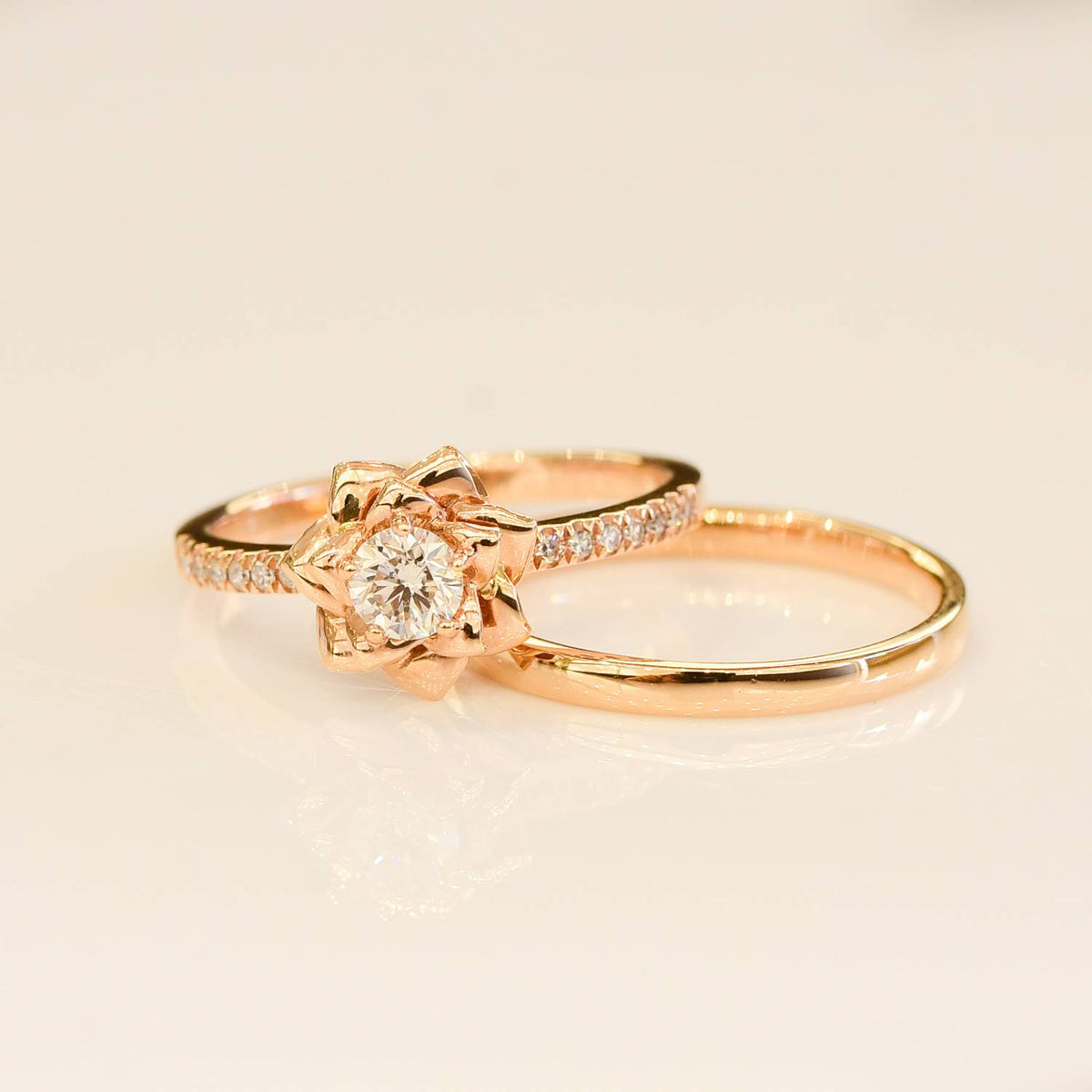 18K Rose Gold Diamond Engagement Ring and Wedding Band