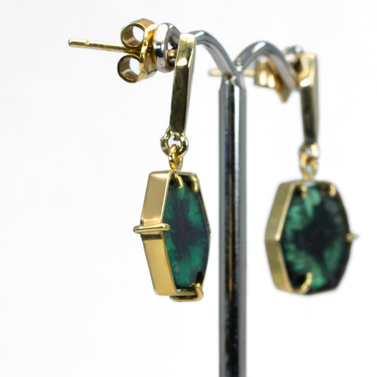 18K Yellow Gold Dangling Earrings with Natural Colombian Trapiche Emeralds – Rare Hexagonal Gems