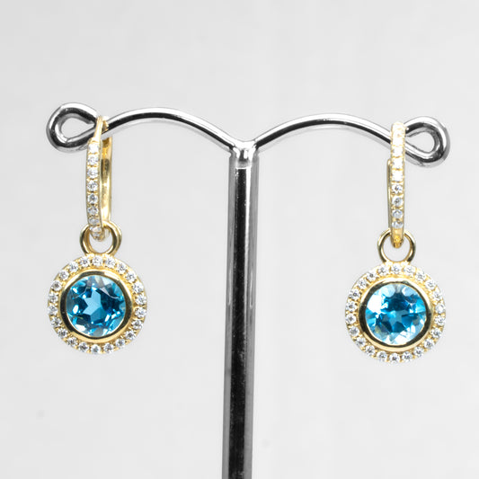 Yellow gold Swiss blue topaz earrings in white background