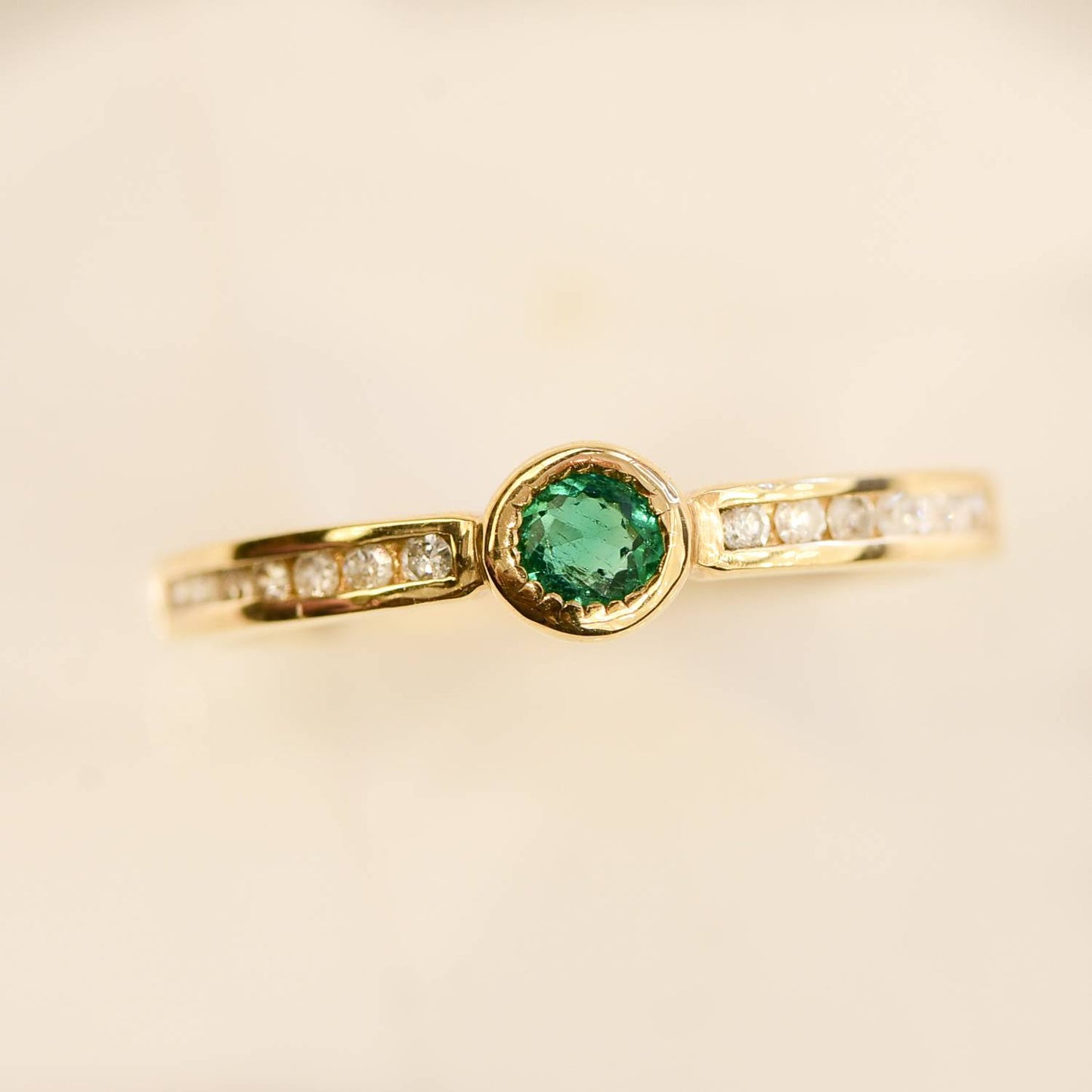 Minimalist Colombian Emerald Diamonds Stackable Ring  10K Gold