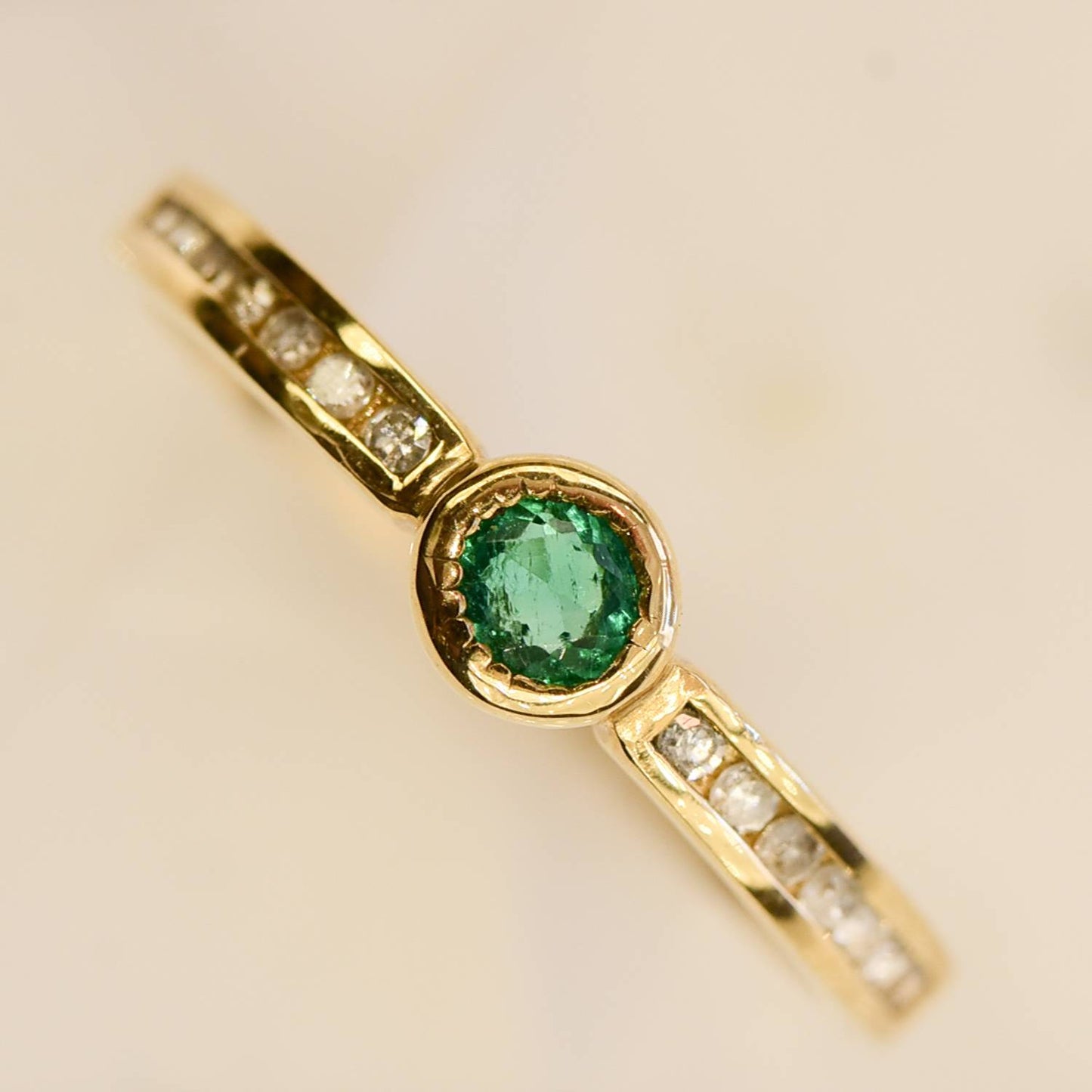 Minimalist Colombian Emerald Diamonds Stackable Ring  10K Gold