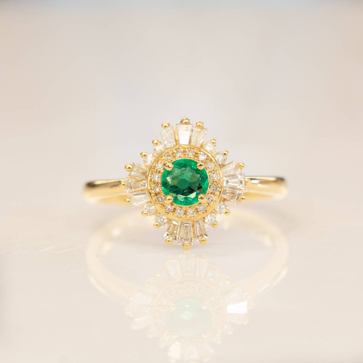 18K Yellow Gold Colombian Emerald Engagement Ring Petite Gatsby Style