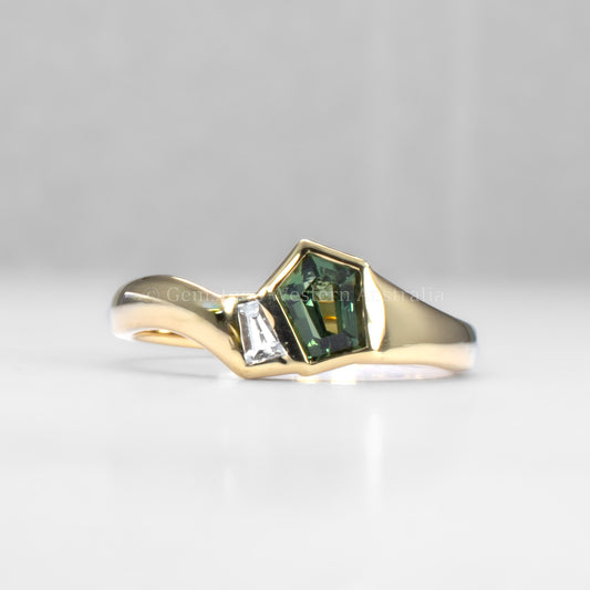 Unique Pentagonal Teal Sapphire and Diamond Gold Ring