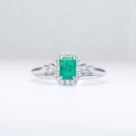 Natural Colombian Emerald and Diamond Halo Platinum Ring