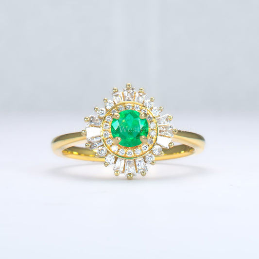 emerald Art Deco ring with diamond halo in light gray background