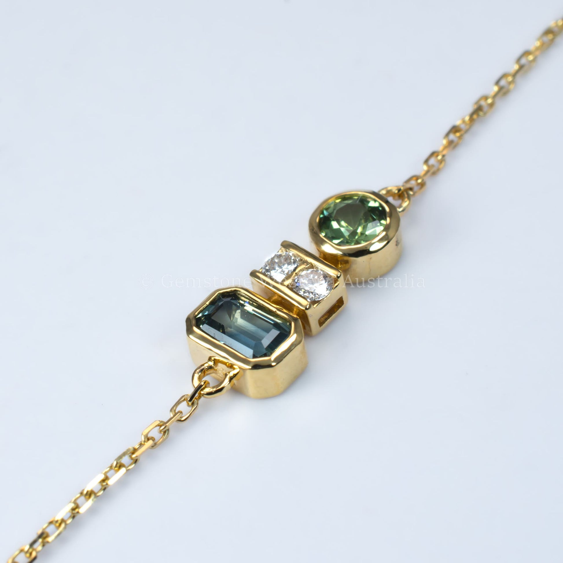 Dainty Australian Teal Sapphire & Diamond Bracelet in 18K Yellow Gold