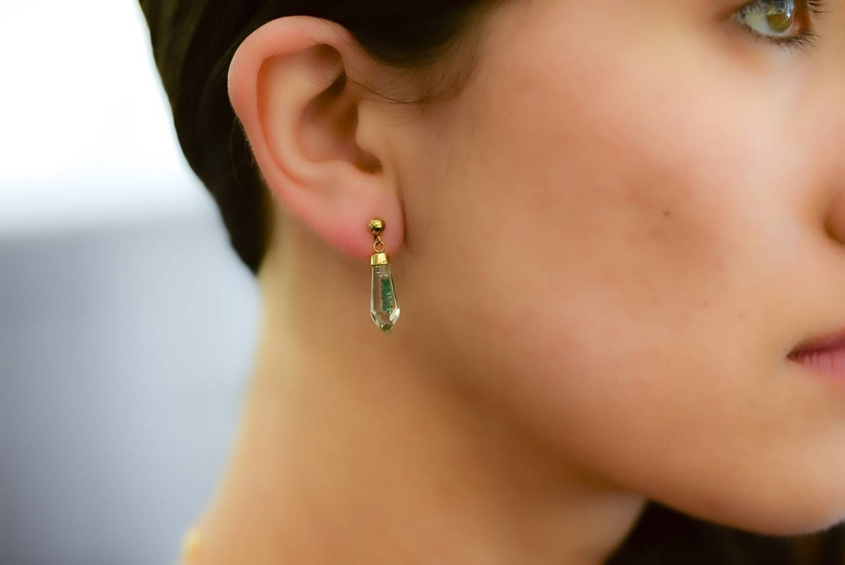 Colombian Emerald Crystal Quartz Dangle Earrings in 18K Gold