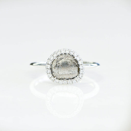 0.41ct Light Grey Diamond Slice Halo Ring in 18K Gold | One-of-a-Kind Engagement Ring
