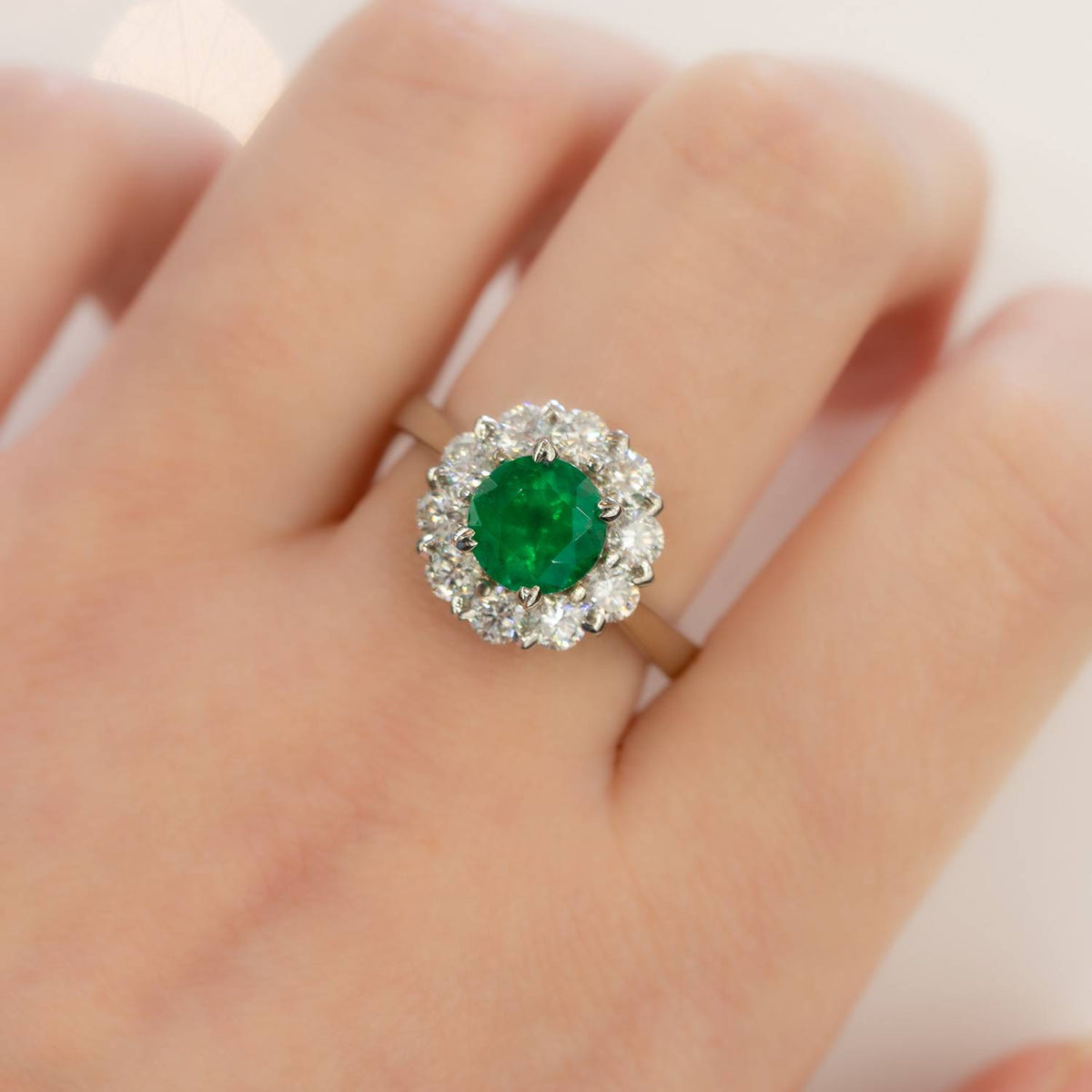 Colombian Emerald and Diamond Ring Floral Halo Statement Ring 18ct Gold