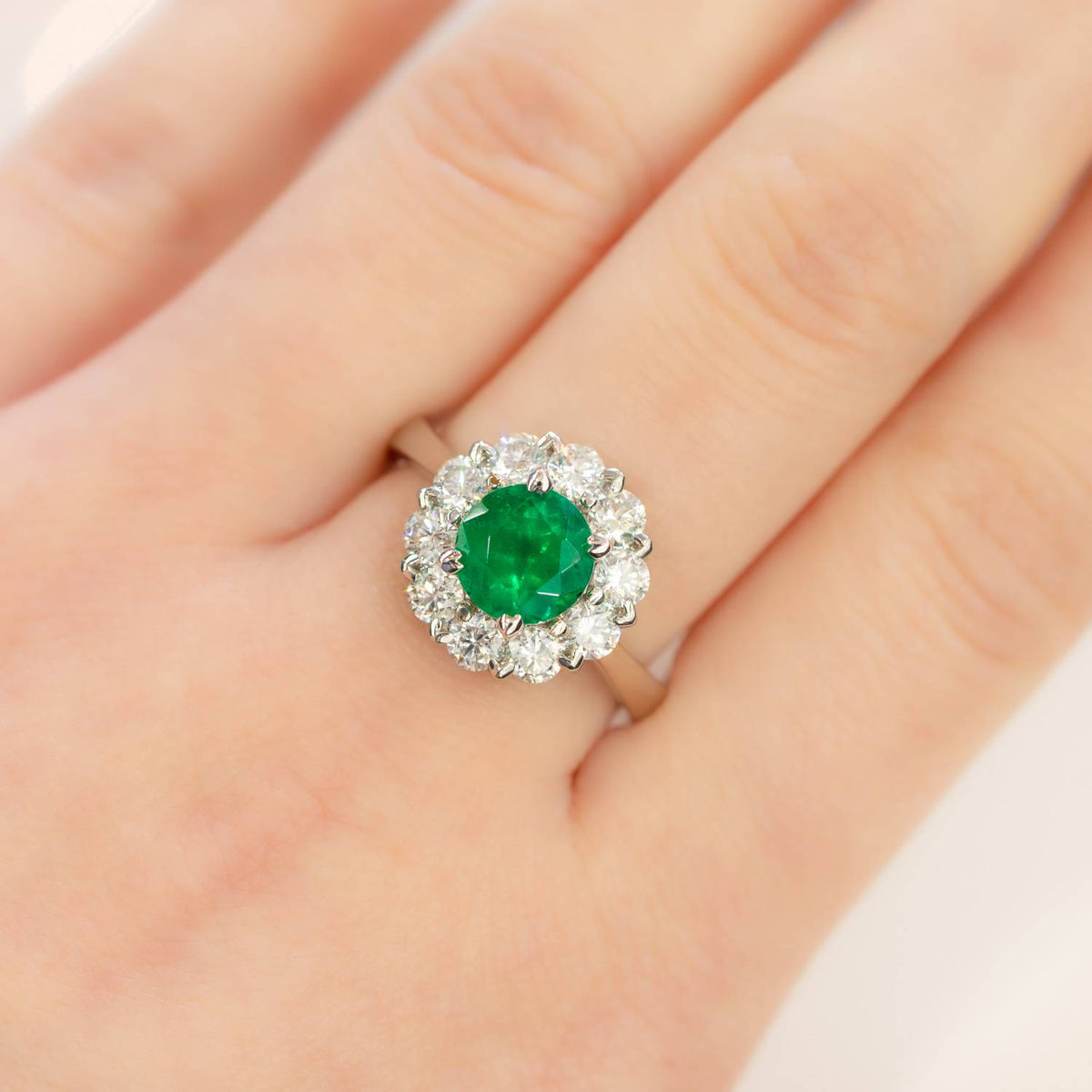 Colombian Emerald and Diamond Ring Floral Halo Statement Ring 18ct Gold
