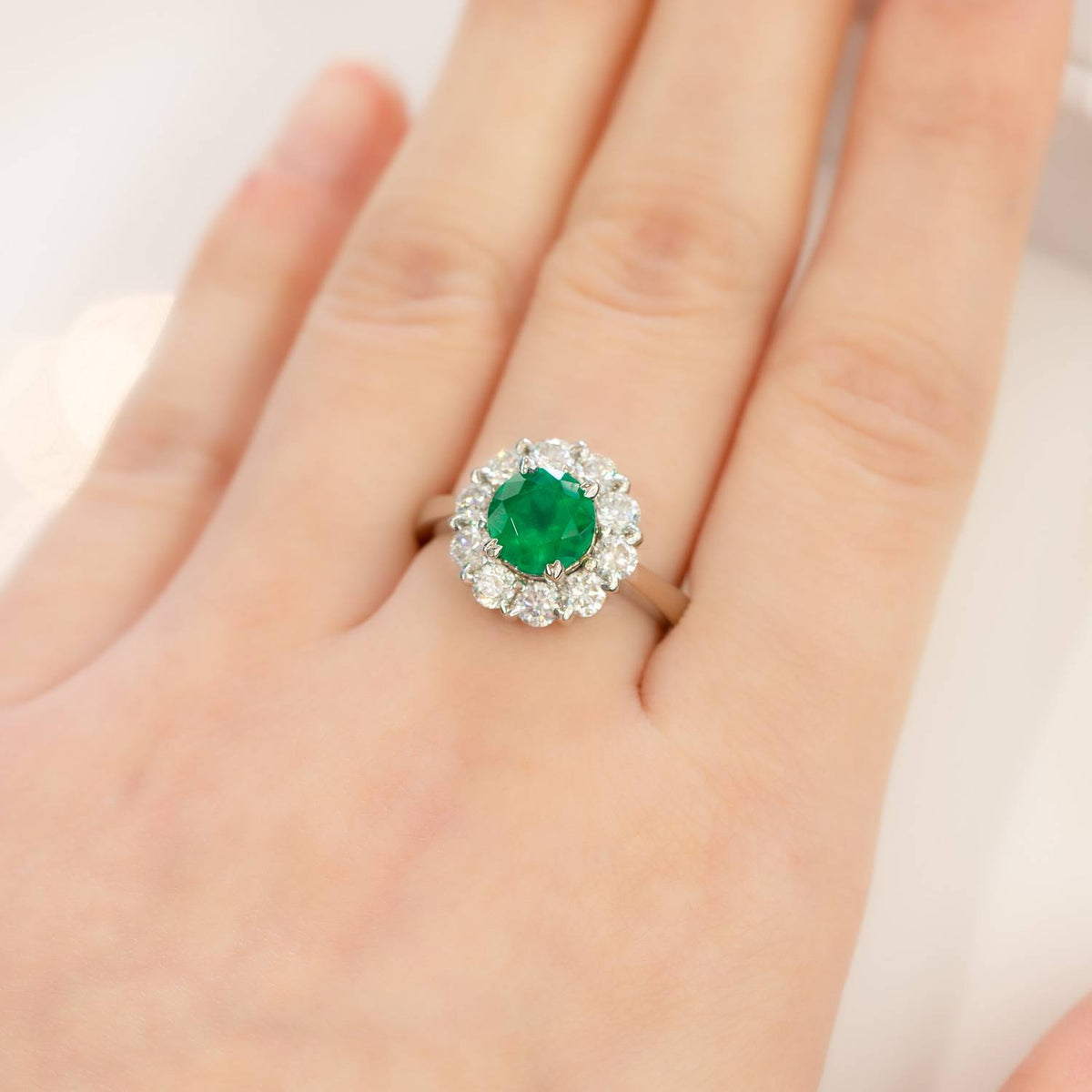 Colombian Emerald and Diamond Ring Floral Halo Statement Ring 18ct Gold