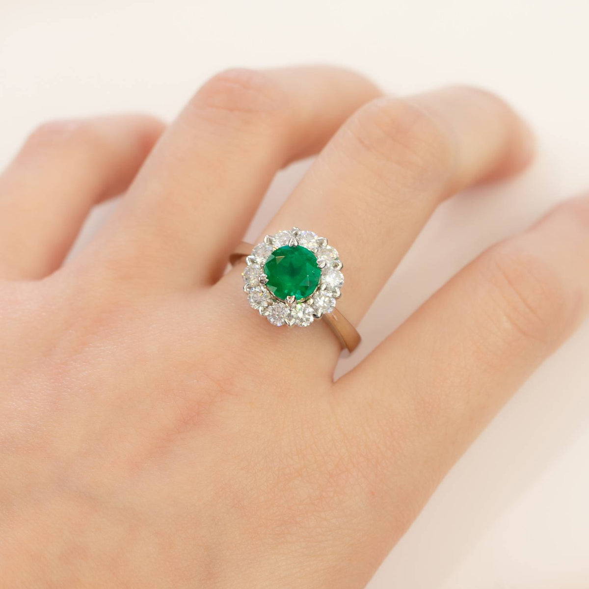 Colombian Emerald and Diamond Ring Floral Halo Statement Ring 18ct Gold