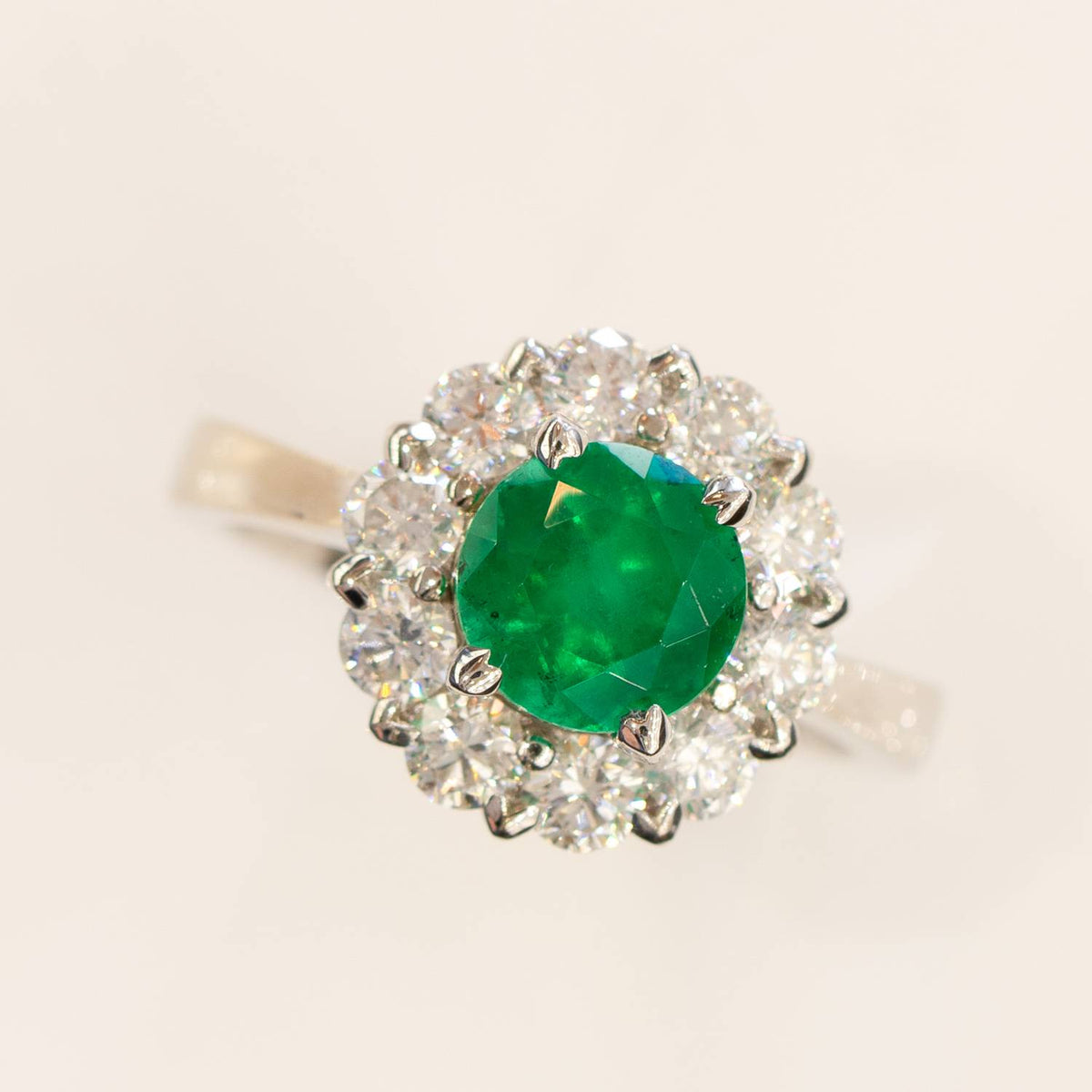 Colombian Emerald and Diamond Ring Floral Halo Statement Ring 18ct Gold